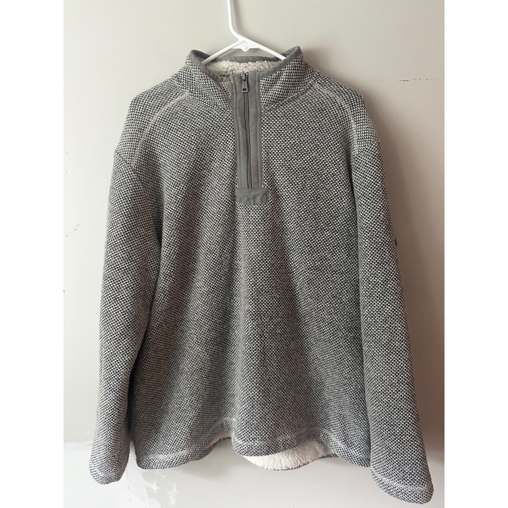 Orvis Mens XL Grey Sherpa Lined Quarter Zip Textured Knit Fleece Pullover